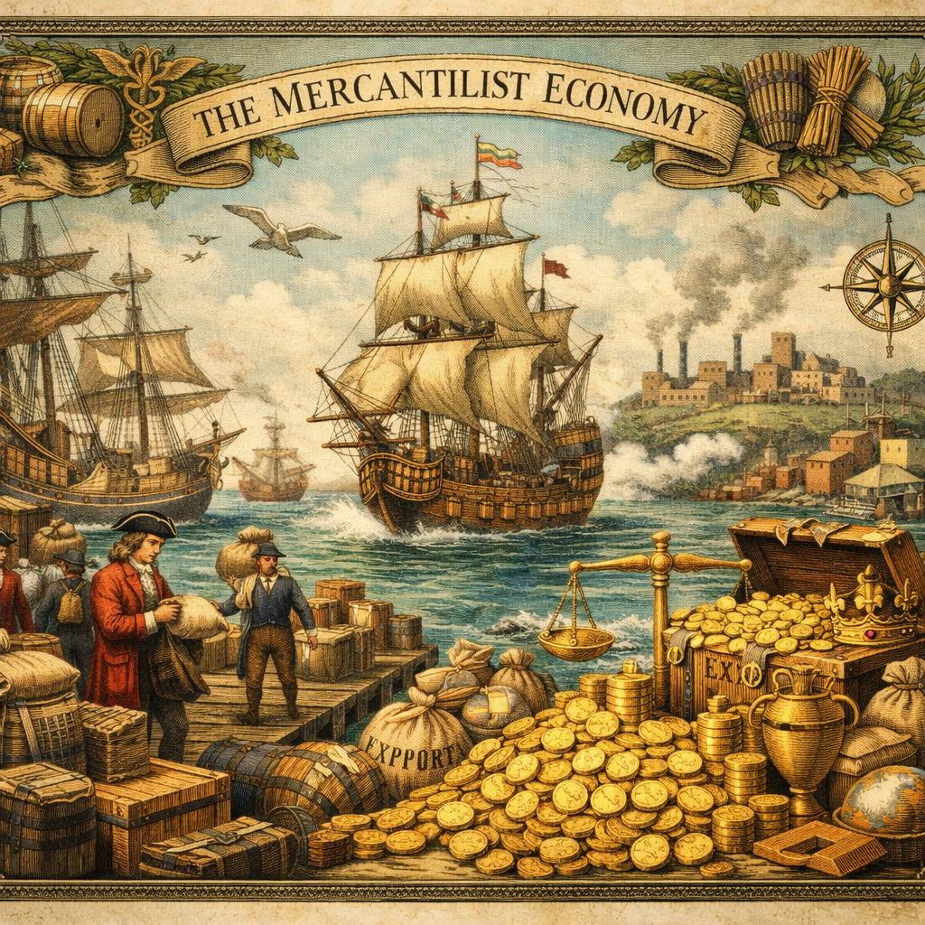 Historical scene showing ships, gold coins, exports, and port trade activities illustrating mercantilist economy