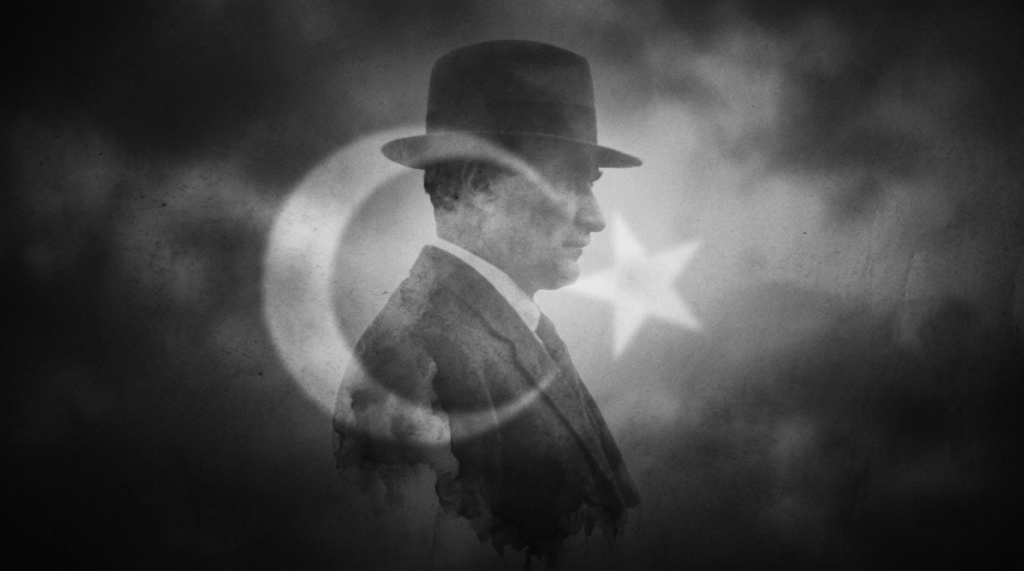 Side profile of Mustafa Kemal Atatürk in grayscale with overlay of Turkish flag crescent and star
