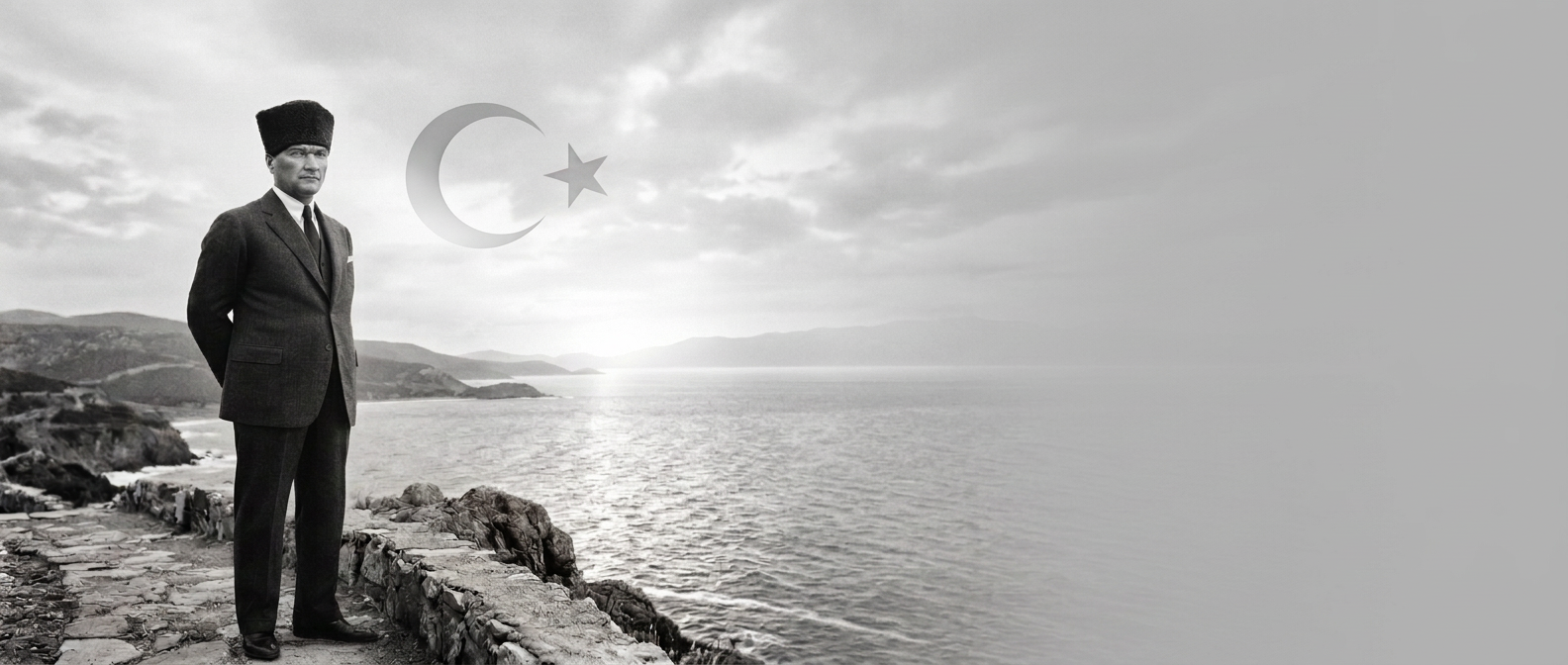 Mustafa Kemal Atatürk beside a Turkish crescent and star